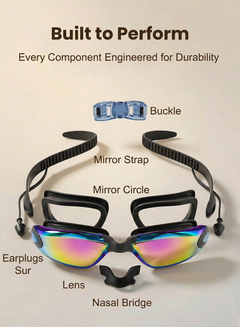 Axpeih 5-in-1 Anti-Fog Pro Swim Goggles Set for Adults with Silicone Swim Cap, Anti-Fog UV Protection, Clear Vision, 180° Panoramic, Durable PC Material - Waterproof Swimming Accessories Kit with Carry Case, Nose Clip, & Earplugs (Black Purple) - Image 3